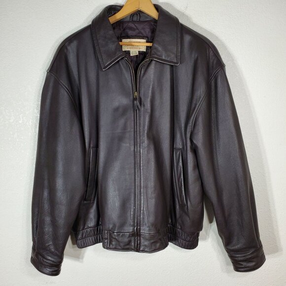 St. Johns Bay Mens XL Quilted Brown Leather Aviator Bomber Jacket VTG - Picture 1 of 10